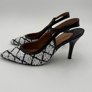 J. Renee Black White Sequin Harlequin Slingback Pumps Pointed Toe Heels Sz 8 EUC